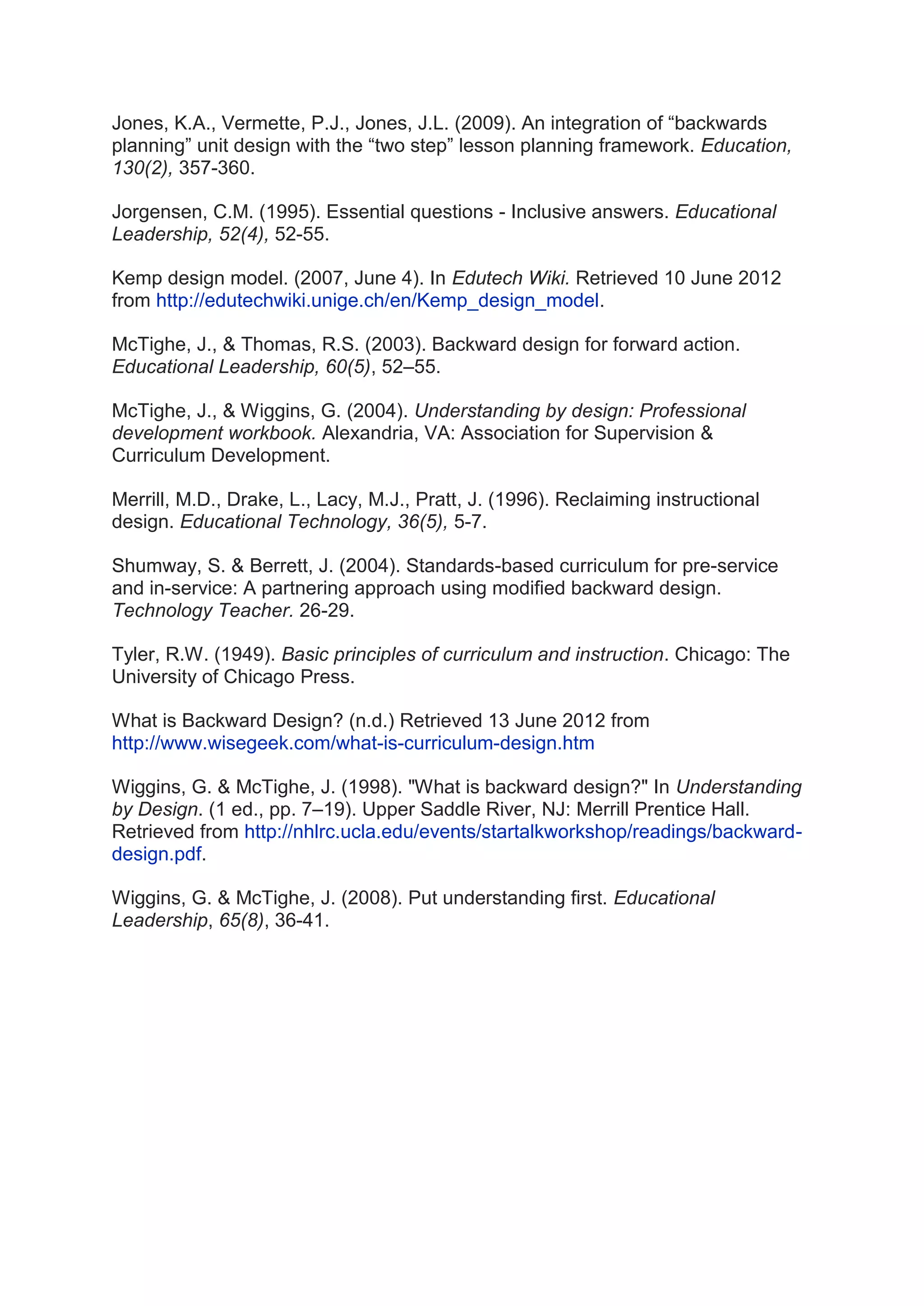 Jones, K.A., Vermette, P.J., Jones, J.L. (2009). An integration of “backwards
planning” unit design with the “two step” lesson planning framework. Education,
130(2), 357-360.
Jorgensen, C.M. (1995). Essential questions - Inclusive answers. Educational
Leadership, 52(4), 52-55.
Kemp design model. (2007, June 4). In Edutech Wiki. Retrieved 10 June 2012
from http://edutechwiki.unige.ch/en/Kemp_design_model.
McTighe, J., & Thomas, R.S. (2003). Backward design for forward action.
Educational Leadership, 60(5), 52–55.
McTighe, J., & Wiggins, G. (2004). Understanding by design: Professional
development workbook. Alexandria, VA: Association for Supervision &
Curriculum Development.
Merrill, M.D., Drake, L., Lacy, M.J., Pratt, J. (1996). Reclaiming instructional
design. Educational Technology, 36(5), 5-7.
Shumway, S. & Berrett, J. (2004). Standards-based curriculum for pre-service
and in-service: A partnering approach using modified backward design.
Technology Teacher. 26-29.
Tyler, R.W. (1949). Basic principles of curriculum and instruction. Chicago: The
University of Chicago Press.
What is Backward Design? (n.d.) Retrieved 13 June 2012 from
http://www.wisegeek.com/what-is-curriculum-design.htm
Wiggins, G. & McTighe, J. (1998). "What is backward design?" In Understanding
by Design. (1 ed., pp. 7–19). Upper Saddle River, NJ: Merrill Prentice Hall.
Retrieved from http://nhlrc.ucla.edu/events/startalkworkshop/readings/backward-
design.pdf.
Wiggins, G. & McTighe, J. (2008). Put understanding first. Educational
Leadership, 65(8), 36-41.
 