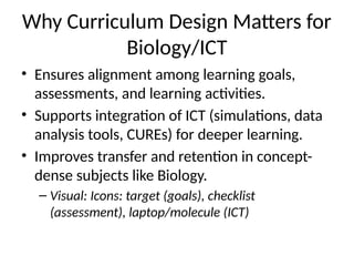 Why Curriculum Design Matters for
Biology/ICT
• Ensures alignment among learning goals,
assessments, and learning activities.
• Supports integration of ICT (simulations, data
analysis tools, CUREs) for deeper learning.
• Improves transfer and retention in concept-
dense subjects like Biology.
– Visual: Icons: target (goals), checklist
(assessment), laptop/molecule (ICT)
 