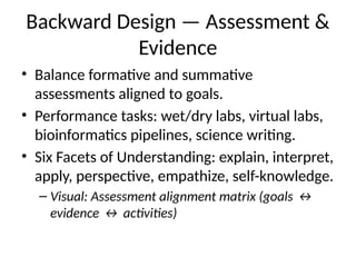 Backward Design — Assessment &
Evidence
• Balance formative and summative
assessments aligned to goals.
• Performance tasks: wet/dry labs, virtual labs,
bioinformatics pipelines, science writing.
• Six Facets of Understanding: explain, interpret,
apply, perspective, empathize, self-knowledge.
– Visual: Assessment alignment matrix (goals ↔
evidence ↔ activities)
 