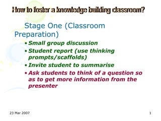 Stage One (Classroom
  Preparation)
        • Small group discussion
        • Student report (use thinking
          prompts/scaffolds)
        • Invite student to summarise
        • Ask students to think of a question so
          as to get more information from the
          presenter



23 Mar 2007                                        1
 