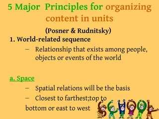 5 Major Principles for organizing
content in units
(Posner & Rudnitsky)
1. World-related sequence
– Relationship that exists among people,
objects or events of the world
a. Space
– Spatial relations will be the basis
– Closest to farthest;top to
bottom or east to west
 