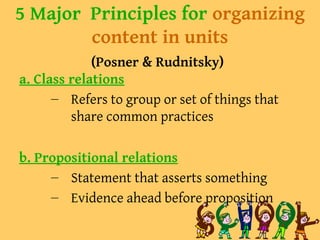 5 Major Principles for organizing
content in units
(Posner & Rudnitsky)
a. Class relations
– Refers to group or set of things that
share common practices
b. Propositional relations
– Statement that asserts something
– Evidence ahead before proposition
 