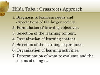 Hilda Taba : Grassroots Approach
1. Diagnosis of learners needs and
expectations of the larger society.
2. Formulation of learning objectives.
3. Selection of the learning content.
4. Organization of learning content.
5. Selection of the learning experiences.
6. Organization of learning activities.
7. Determination of what to evaluate and the
means of doing it.
 
