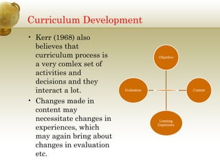 Curriculum Development
• Kerr (1968) also
believes that
curriculum process is
a very comlex set of
activities and
decisions and they
interact a lot.
• Changes made in
content may
necessitate changes in
experiences, which
may again bring about
changes in evaluation
etc.
 
