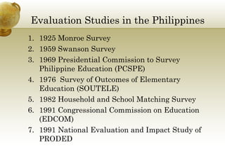Evaluation Studies in the Philippines
1. 1925 Monroe Survey
2. 1959 Swanson Survey
3. 1969 Presidential Commission to Survey
Philippine Education (PCSPE)
4. 1976 Survey of Outcomes of Elementary
Education (SOUTELE)
5. 1982 Household and School Matching Survey
6. 1991 Congressional Commission on Education
(EDCOM)
7. 1991 National Evaluation and Impact Study of
PRODED
 