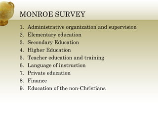 MONROE SURVEY
1. Administrative organization and supervision
2. Elementary education
3. Secondary Education
4. Higher Education
5. Teacher education and training
6. Language of instruction
7. Private education
8. Finance
9. Education of the non-Christians
 