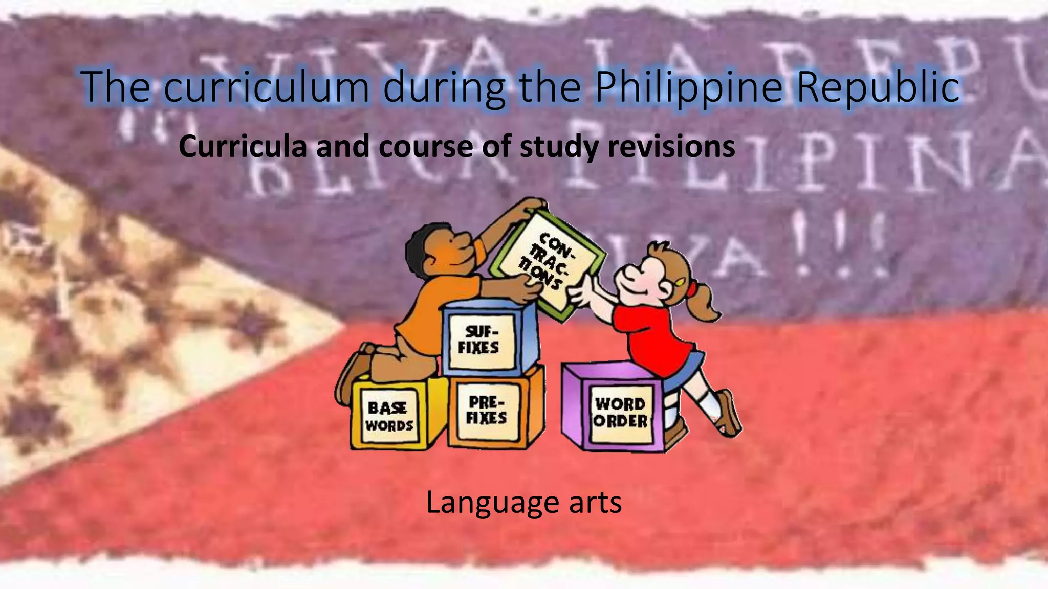 The curriculum during the Philippine Republic 
Curricula and course of study revisions 
Language arts 
 
