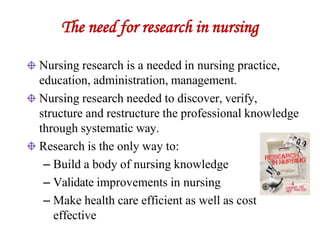 The need for research in nursing
Nursing research is a needed in nursing practice,
education, administration, management.
Nursing research needed to discover, verify,
structure and restructure the professional knowledge
through systematic way.
Research is the only way to:
– Build a body of nursing knowledge
– Validate improvements in nursing
– Make health care efficient as well as cost
effective
 