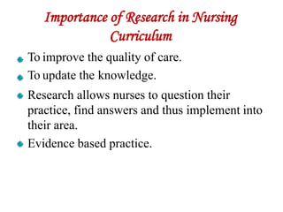 Importance of Research in Nursing
Curriculum
To improve the quality of care.
To update the knowledge.
Research allows nurses to question their
practice, find answers and thus implement into
their area.
Evidence based practice.
 