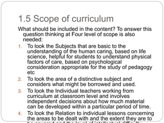 1.5 Scope of curriculum
What should be included in the content? To answer this
question thinking at Four level of scope is...