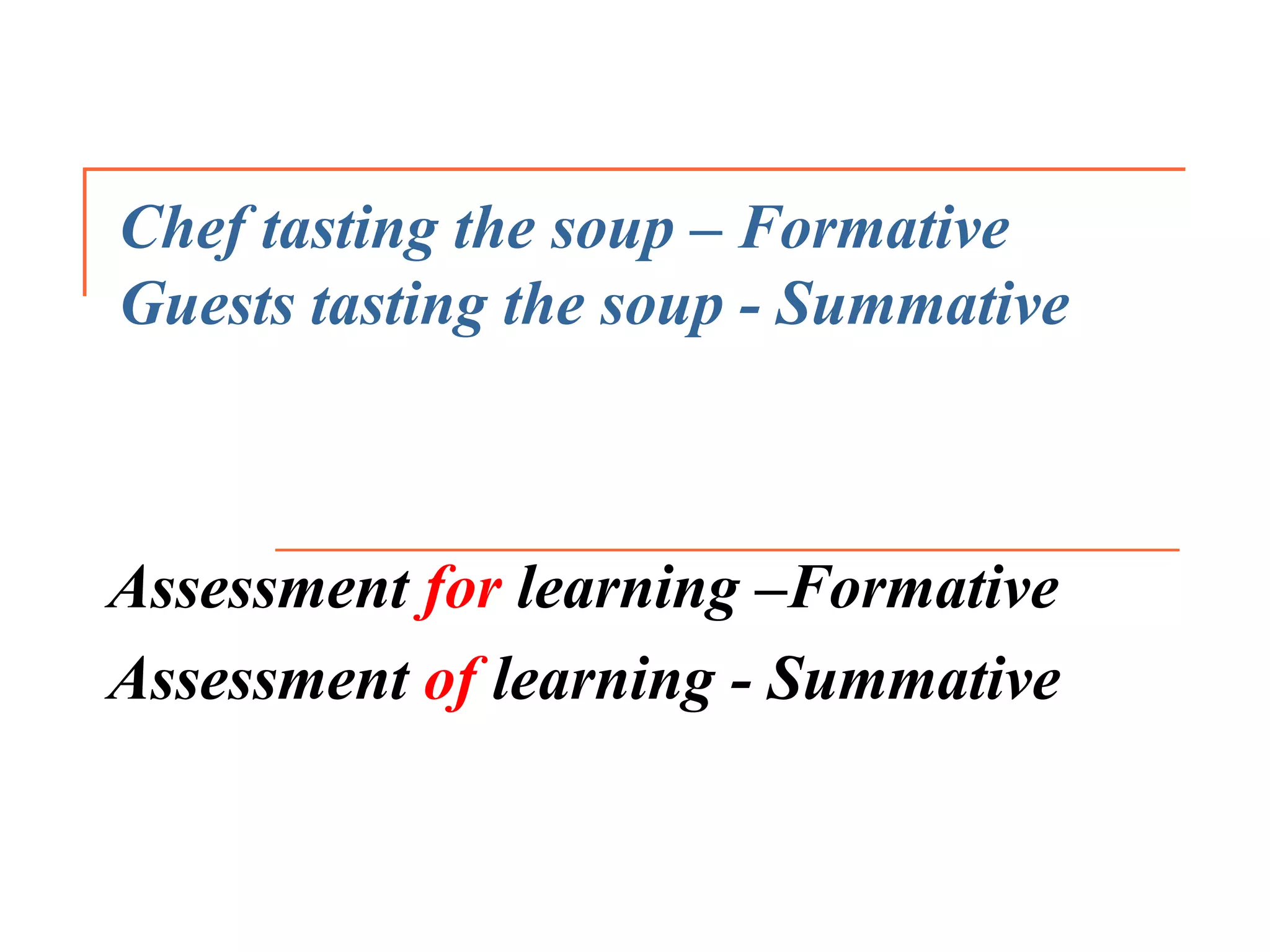 Chef tasting the soup – Formative
Guests tasting the soup - Summative
Assessment for learning –Formative
Assessment of learning - Summative
 