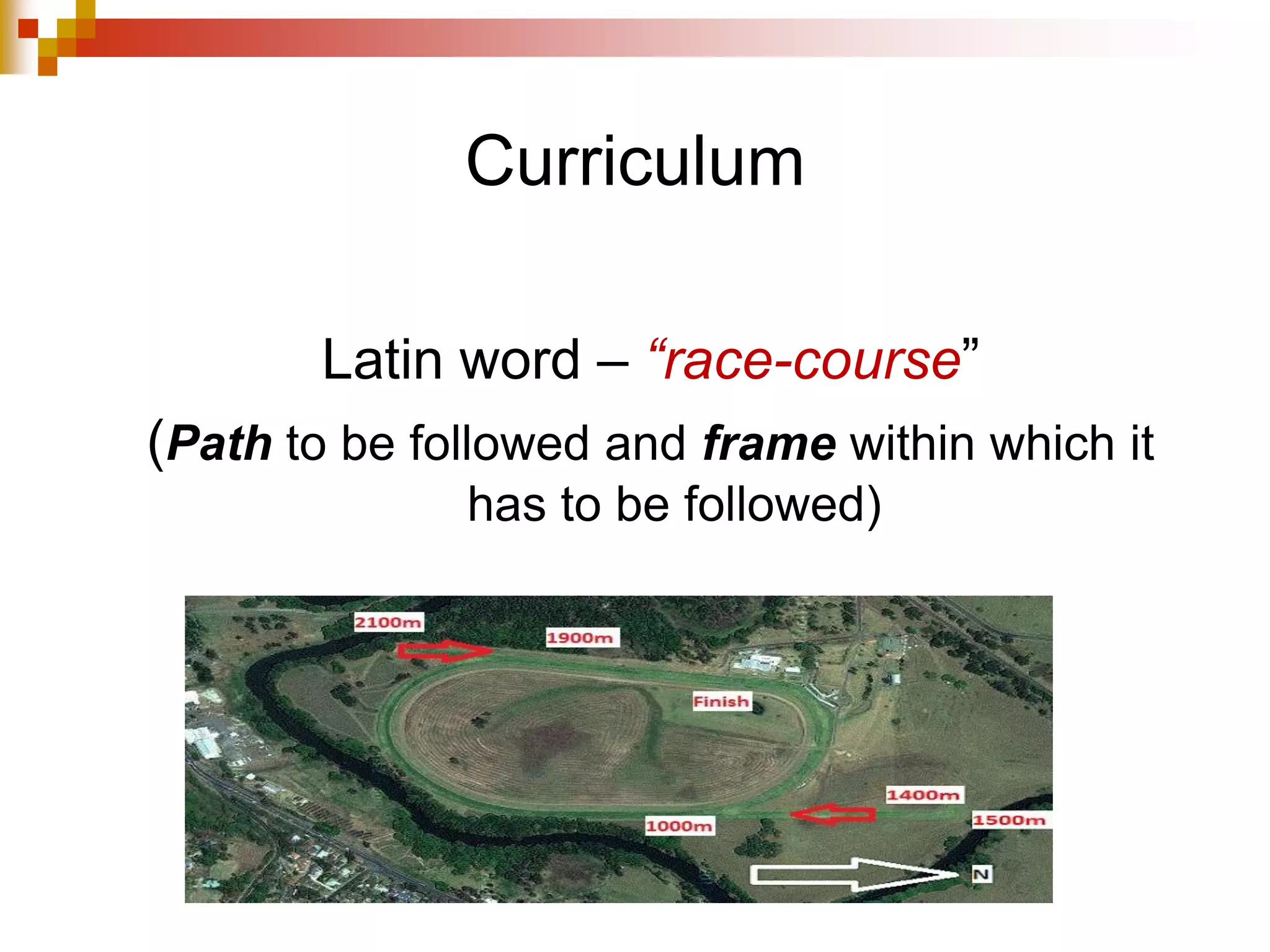 Curriculum
Latin word – “race-course”
(Path to be followed and frame within which it
has to be followed)
 