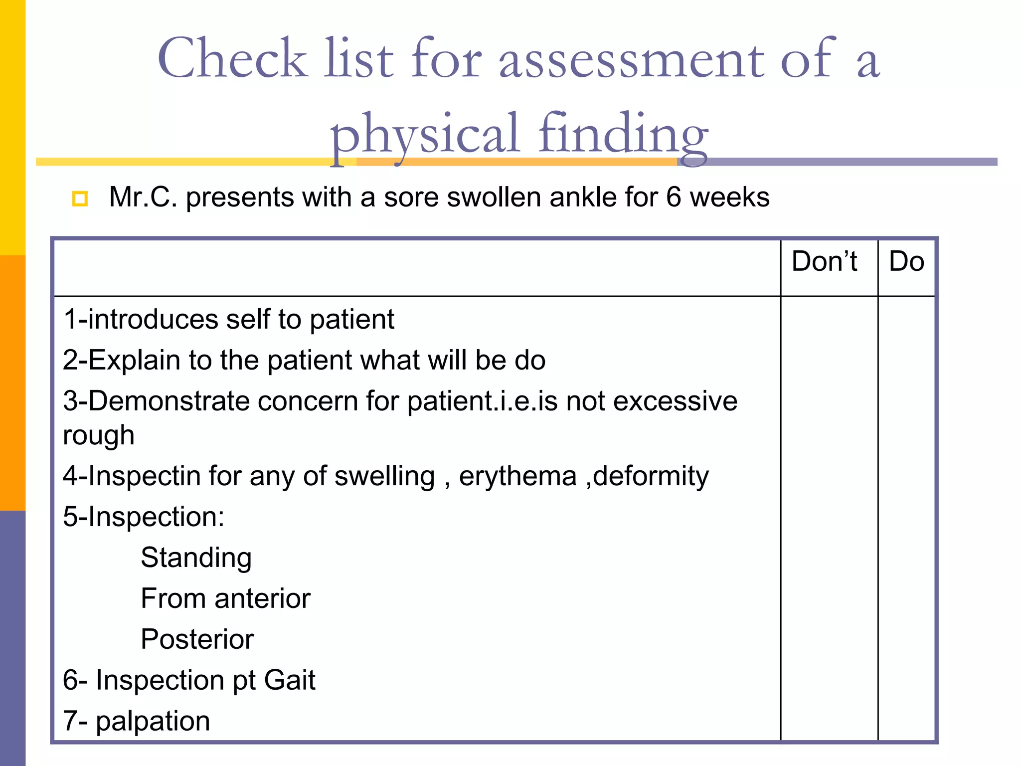 Check list for assessment of a
physical finding
 Mr.C. presents with a sore swollen ankle for 6 weeks
Do
Don’t
1-introduces self to patient
2-Explain to the patient what will be do
3-Demonstrate concern for patient.i.e.is not excessive
rough
4-Inspectin for any of swelling , erythema ,deformity
5-Inspection:
Standing
From anterior
Posterior
6- Inspection pt Gait
7- palpation
 