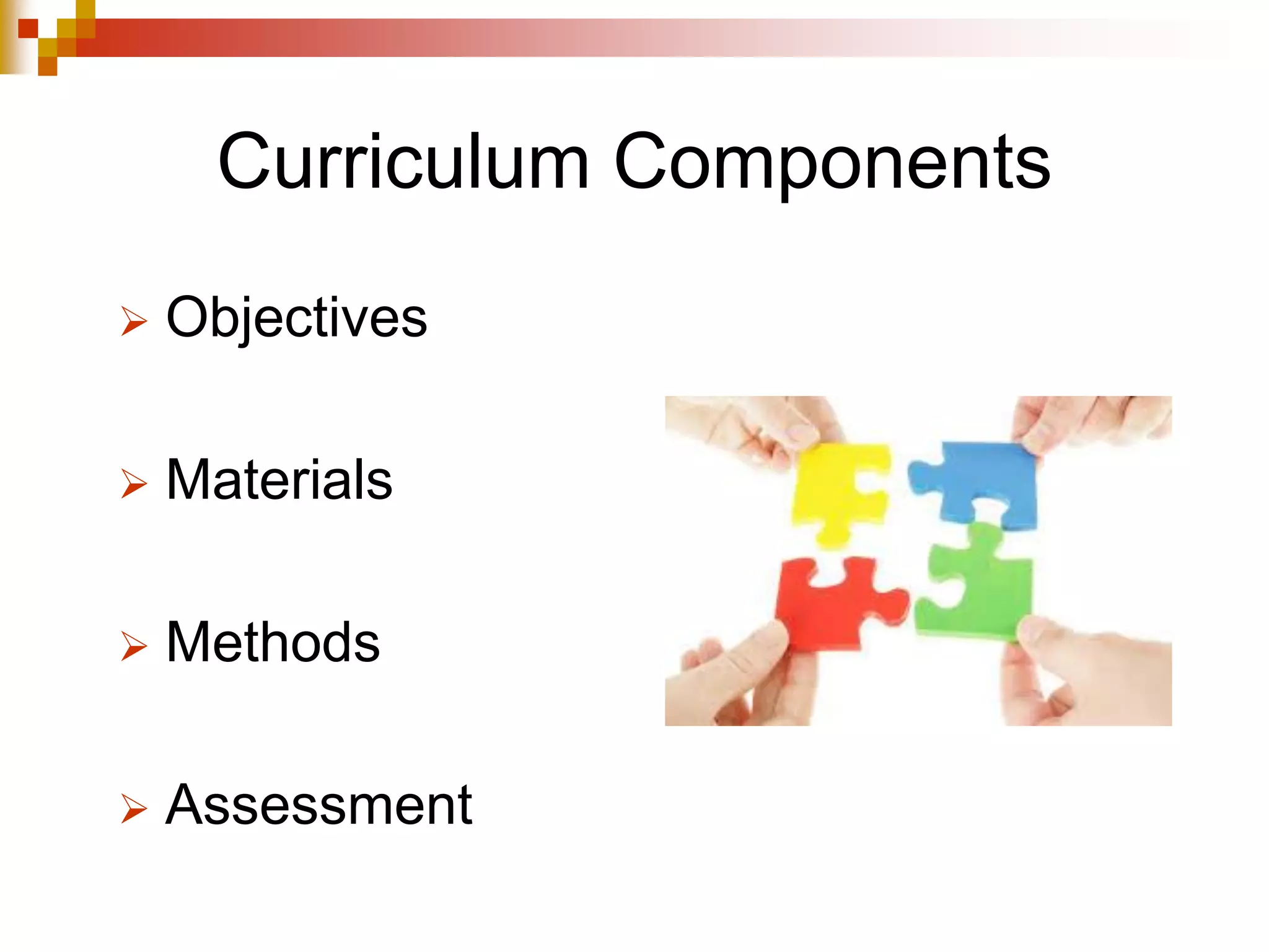 Curriculum Components
 Objectives
 Materials
 Methods
 Assessment
 