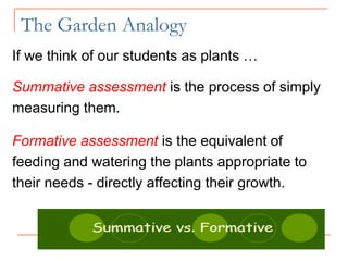 If we think of our students as plants …
Summative assessment is the process of simply
measuring them.
Formative assessment is the equivalent of
feeding and watering the plants appropriate to
their needs - directly affecting their growth.
The Garden Analogy
 