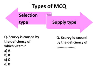 Types of MCQ
Selection
type Supply type
Q. Scurvy is caused by
the deficiency of
which vitamin
a) A
b)B
c) C
d)K
Q. Scurvy is caused
by the deficiency of
…………………
 