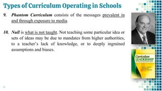 Types of Curriculum Operating in Schools
16
9. Phantom Curriculum consists of the messages prevalent in
and through exposure to media.
10. Null is what is not taught. Not teaching some particular idea or
sets of ideas may be due to mandates from higher authorities,
to a teacher’s lack of knowledge, or to deeply ingrained
assumptions and biases.
 