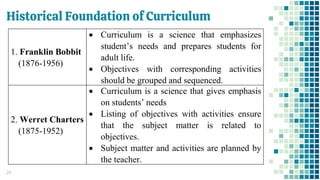 Historical Foundation of Curriculum
24
1. Franklin Bobbit
(1876-1956)
• Curriculum is a science that emphasizes
student’s needs and prepares students for
adult life.
• Objectives with corresponding activities
should be grouped and sequenced.
2. Werret Charters
(1875-1952)
• Curriculum is a science that gives emphasis
on students’ needs
• Listing of objectives with activities ensure
that the subject matter is related to
objectives.
• Subject matter and activities are planned by
the teacher.
 