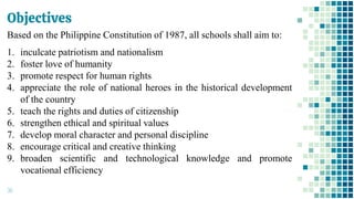 Objectives
36
Based on the Philippine Constitution of 1987, all schools shall aim to:
1. inculcate patriotism and nationalism
2. foster love of humanity
3. promote respect for human rights
4. appreciate the role of national heroes in the historical development
of the country
5. teach the rights and duties of citizenship
6. strengthen ethical and spiritual values
7. develop moral character and personal discipline
8. encourage critical and creative thinking
9. broaden scientific and technological knowledge and promote
vocational efficiency
 