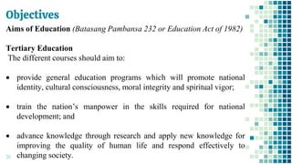 Objectives
39
Aims of Education (Batasang Pambansa 232 or Education Act of 1982)
Tertiary Education
The different courses should aim to:
• provide general education programs which will promote national
identity, cultural consciousness, moral integrity and spiritual vigor;
• train the nation’s manpower in the skills required for national
development; and
• advance knowledge through research and apply new knowledge for
improving the quality of human life and respond effectively to
changing society.
 