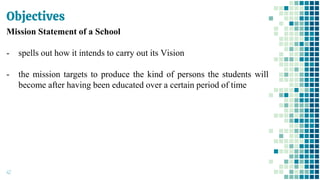 Objectives
42
Mission Statement of a School
- spells out how it intends to carry out its Vision
- the mission targets to produce the kind of persons the students will
become after having been educated over a certain period of time
 