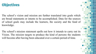 Objectives
45
The school’s vision and mission are further translated into goals which
are broad statements or intents to be accomplished. Data for the sources
of school goals may include the learners, the society and the fund of
knowledge.
The school’s mission statement spells out how it intends to carry out its
Vision. The mission targets to produce the kind of persons the students
will become after having been educated over a certain period of time.
 