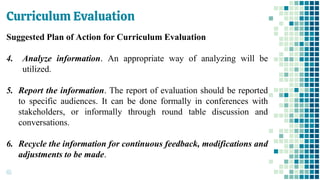 Curriculum Evaluation
65
Suggested Plan of Action for Curriculum Evaluation
4. Analyze information. An appropriate way of analyzing will be
utilized.
5. Report the information. The report of evaluation should be reported
to specific audiences. It can be done formally in conferences with
stakeholders, or informally through round table discussion and
conversations.
6. Recycle the information for continuous feedback, modifications and
adjustments to be made.
 