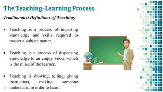 The Teaching-Learning Process
68
Traditionalist Definitions of Teaching:
• Teaching is a process of imparting
knowledge and skills required to
master a subject matter.
• Teaching is a process of dispensing
knowledge to an empty vessel which
is the mind of the learner.
• Teaching is showing, telling, giving
instruction, making someone
understand in order to learn.
 