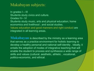 Makabayan subjects: 
In grades I – III 
Students study civics and culture. 
Grades IV– VI 
Students study music, arts and physical education; home 
economics and livelihood ; and social studies. 
Values education and good manners and right conduct are 
integrated in all learning areas. 
Makabayan is described by the ministry as a learning area 
that serves as a practice environment for holistic learning to 
develop a healthy personal and national self-identity . Ideally, it 
entails the adoption of modes of integrative teaching that will 
enable the student to process and synthesize a wide range of 
skills and values (cultural, aesthetic, athletic , vocational, 
politico-economic, and ethical. 
 