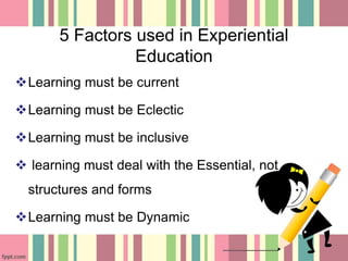 5 Factors used in Experiential 
Education 
Learning must be current 
Learning must be Eclectic 
Learning must be inclusive 
 learning must deal with the Essential, not 
structures and forms 
Learning must be Dynamic 
 