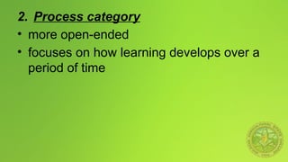 2. Process category
• more open-ended
• focuses on how learning develops over a
period of time
 