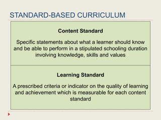 STANDARD-BASED CURRICULUM
Content Standard
Specific statements about what a learner should know
and be able to perform in a stipulated schooling duration
involving knowledge, skills and values
Learning Standard
A prescribed criteria or indicator on the quality of learning
and achievement which is measurable for each content
standard
 