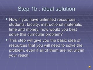 Step 1b : ideal solution
 Now if you have unlimited resources ,
students, faculty, instructional materials,
time and money, how would you best
solve this curricular problem?
 This step will give you the basic idea of
resources that you will need to solve the
problem, even if all of them are not within
your reach.
 