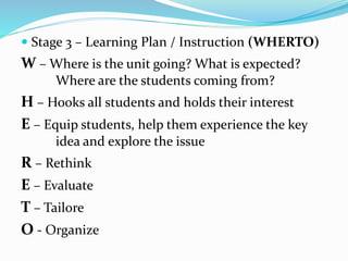  Stage 3 – Learning Plan / Instruction (WHERTO)
W – Where is the unit going? What is expected?
Where are the students coming from?
H – Hooks all students and holds their interest
E – Equip students, help them experience the key
idea and explore the issue
R – Rethink
E – Evaluate
T – Tailore
O - Organize
 