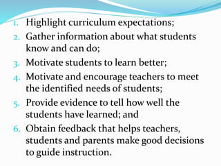 1. Highlight curriculum expectations;
2. Gather information about what students
know and can do;
3. Motivate students to learn better;
4. Motivate and encourage teachers to meet
the identified needs of students;
5. Provide evidence to tell how well the
students have learned; and
6. Obtain feedback that helps teachers,
students and parents make good decisions
to guide instruction.
 