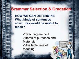 Grammar Selection & Gradation
HOW WE CAN DETERMINE
What kinds of sentences
structures would be useful to
teach?
Teaching method
Items of purposes and
Materials
Available time of
teaching

 
