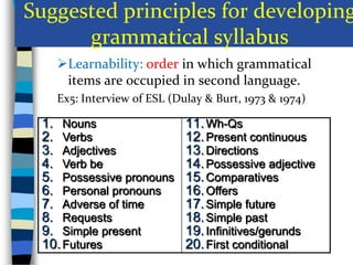 Suggested principles for developing
grammatical syllabus
Learnability: order in which grammatical
items are occupied in second language.
Ex5: Interview of ESL (Dulay & Burt, 1973 & 1974)

1. Nouns
2. Verbs
3. Adjectives
4. Verb be
5. Possessive pronouns
6. Personal pronouns
7. Adverse of time
8. Requests
9. Simple present
10. Futures

11. Wh-Qs
12. Present continuous
13. Directions
14. Possessive adjective
15. Comparatives
16. Offers
17. Simple future
18. Simple past
19. Infinitives/gerunds
20. First conditional

 