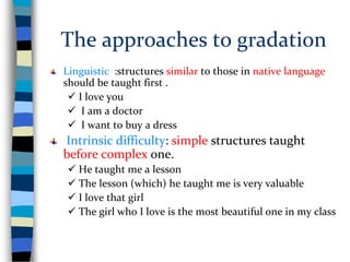 The approaches to gradation
Linguistic :structures similar to those in native language
should be taught first .
 I love you
 I am a doctor
 I want to buy a dress

Intrinsic difficulty: simple structures taught
before complex one.
 He taught me a lesson
 The lesson (which) he taught me is very valuable
 I love that girl
 The girl who I love is the most beautiful one in my class

 