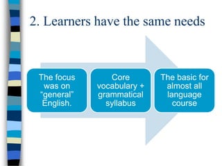 2. Learners have the same needs

The focus
was on
“general”
English.

Core
vocabulary +
grammatical
syllabus

The basic for
almost all
language
course

 