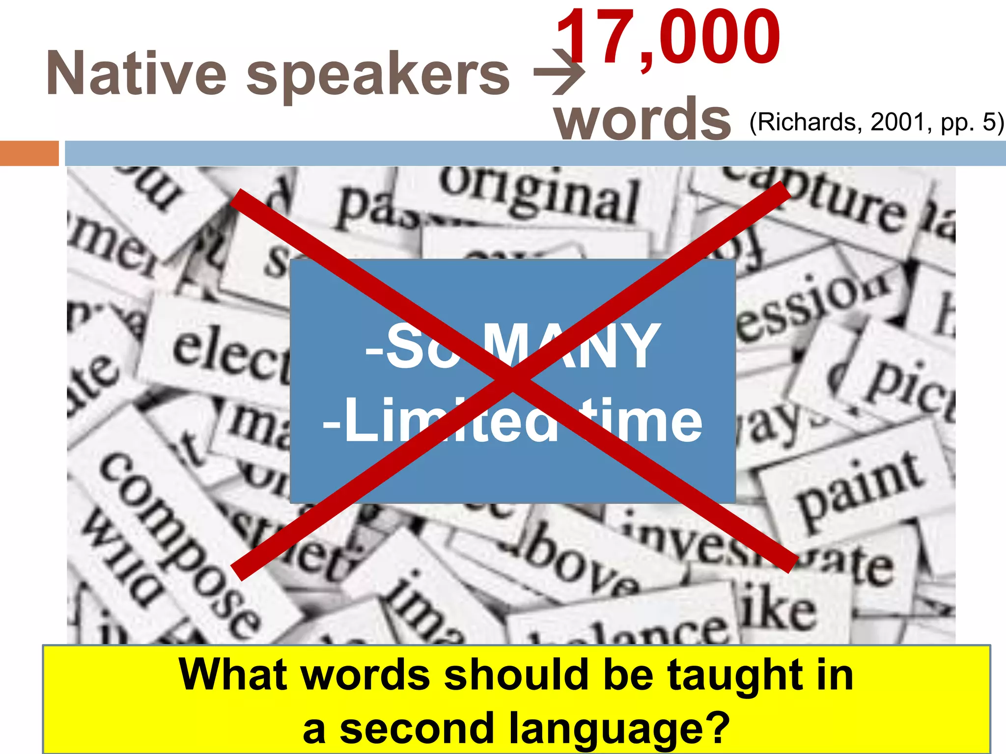 Native speakers 
-So MANY
-Limited time
What words should be taught in
a second language?
(Richards, 2001, pp. 5)
17,000
words
 