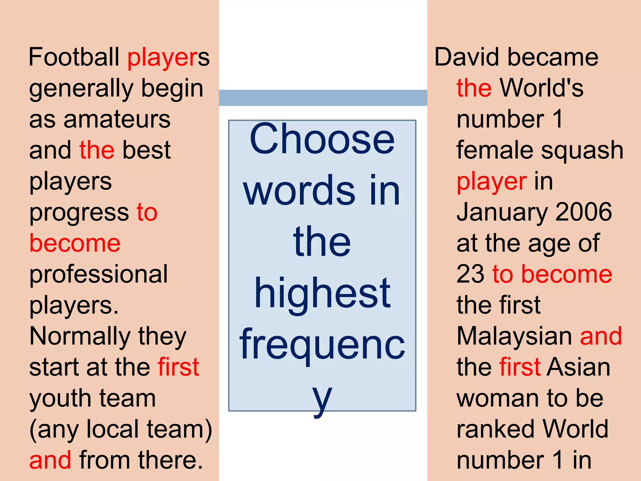 Football players
generally begin
as amateurs
and the best
players
progress to
become
professional
players.
Normally they
start at the first
youth team
(any local team)
and from there.
David became
the World's
number 1
female squash
player in
January 2006
at the age of
23 to become
the first
Malaysian and
the first Asian
woman to be
ranked World
number 1 in
Choose
words in
the
highest
frequenc
y
 
