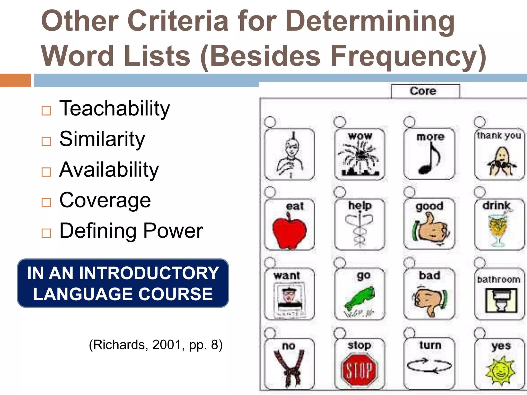 Other Criteria for Determining
Word Lists (Besides Frequency)
 Teachability
 Similarity
 Availability
 Coverage
 Defining Power
(Richards, 2001, pp. 8)
IN AN INTRODUCTORY
LANGUAGE COURSE
 