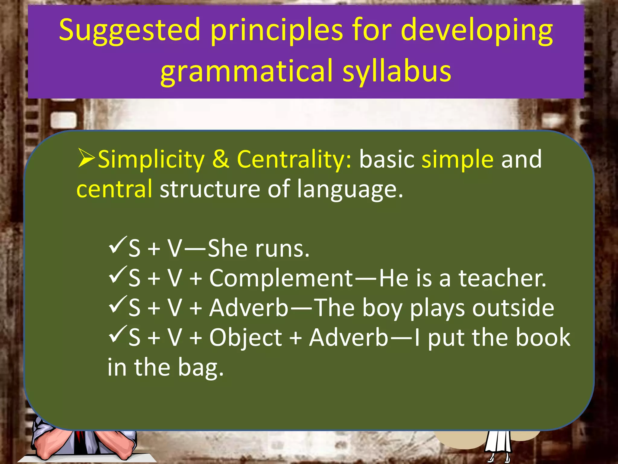 Suggested principles for developing
grammatical syllabus
Simplicity & Centrality: basic simple and
central structure of language.
S + V—She runs.
S + V + Complement—He is a teacher.
S + V + Adverb—The boy plays outside
S + V + Object + Adverb—I put the book
in the bag.
 