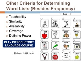 Other Criteria for Determining
Word Lists (Besides Frequency)
 Teachability
 Similarity
 Availability
 Coverage
 Defining Power
(Richards, 2001, pp. 8)
IN AN INTRODUCTORY
LANGUAGE COURSE
 