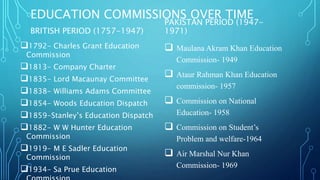 EDUCATION COMMISSIONS OVER TIME
BRITISH PERIOD (1757-1947)
1792- Charles Grant Education
Commission
1813- Company Charter
1835- Lord Macaunay Committee
1838- Williams Adams Committee
1854- Woods Education Dispatch
1859-Stanley’s Education Dispatch
1882- W W Hunter Education
Commission
1919- M E Sadler Education
Commission
1934- Sa Prue Education
PAKISTAN PERIOD (1947-
1971)
 Maulana Akram Khan Education
Commission- 1949
 Ataur Rahman Khan Education
commission- 1957
 Commission on National
Education- 1958
 Commission on Student’s
Problem and welfare-1964
 Air Marshal Nur Khan
Commission- 1969
 