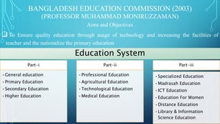 BANGLADESH EDUCATION COMMISSION (2003)
(PROFESSOR MUHAMMAD MONIRUZZAMAN)
Aims and Objectives
 To Ensure quality education through usage of technology and increasing the facilities of
teacher and the nationalize the primary education
Part-i
•General education
•Primary Education
•Secondary Education
•Higher Education
Part-ii
•Professional Education
•Agricultural Education
•Technological Education
•Medical Education
Part-iii
•Specialized Education
•Madrasah Education
•ICT Education
•Education For Women
•Distance Education
•Library & Information
Science Education
Education System
 