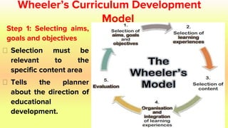 Wheeler’s Curriculum Development
Model
Step 1: Selecting aims,
goals and objectives
⮚ Selection must be
relevant to the
specific content area
⮚ Tells the planner
about the direction of
educational
development.
 