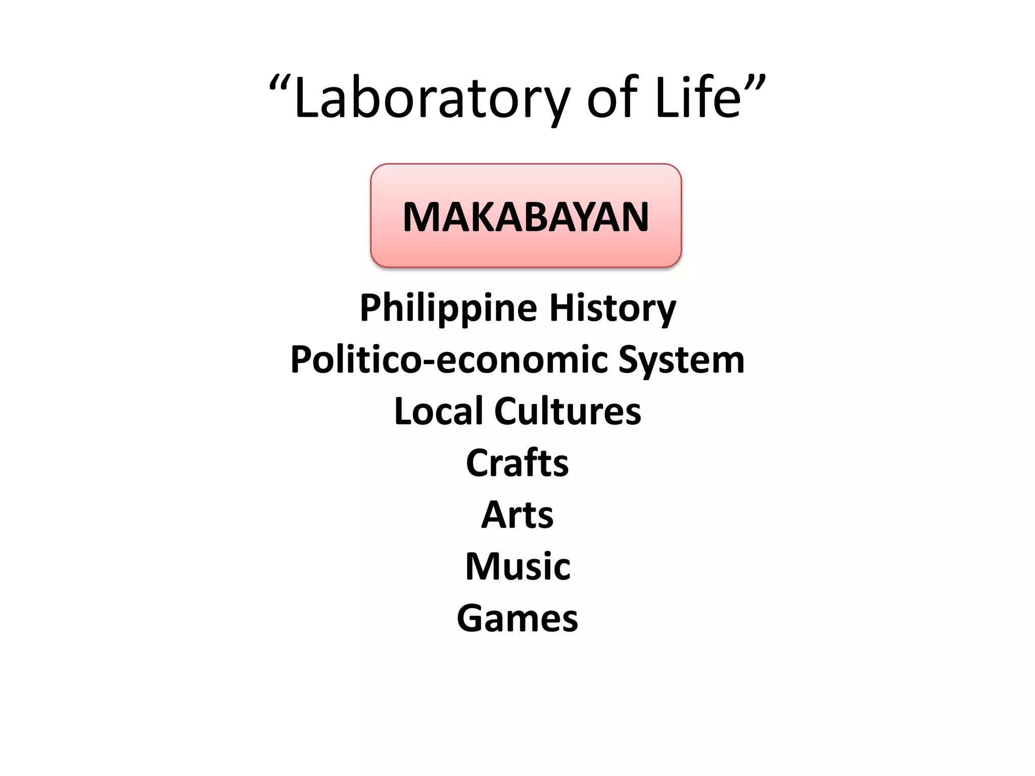 “Laboratory of Life”
MAKABAYAN
Philippine History
Politico-economic System
Local Cultures
Crafts
Arts
Music
Games

 