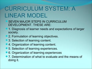 CURRICULUM SYSTEM: A
LINEAR MODEL
SEVEN MAJOR STEPS IN CURRICULUM
 DEVELOPMENT. THESE ARE:
1. Diagnosis of learner needs and expectations of larger
 society.
2. Formulation of learning objectives.
3. Selection of learning content.
4. Organization of learning content.
5. Selection of learning experiences.
6. Organization of learning experiences
7. Determination of what to evaluate and the means of
 doing it.
 