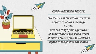 COMMUNICATION PROCESS
CHANNEL- it is the vehicle, medium
or form in which a message
travels.
Form can range from light waves
of nonverbal cues to sound waves
of talking face to face, to electronic
signals in telephones and e-mail.
 